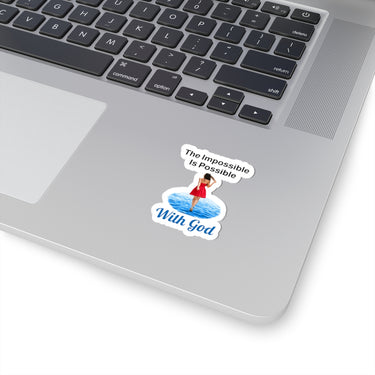Sheet of 4 vinyl stickers with “Impossible Woman” design, message “The Impossible Is Possible with God,” glossy finish, inspirational stickers for adventurous women to make the impossible their reality, 2-inch sticker on laptop